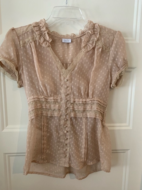 Suzy Shier Tops - SUZY Shier , women's Beige chiffon Dot Lace Trim Top